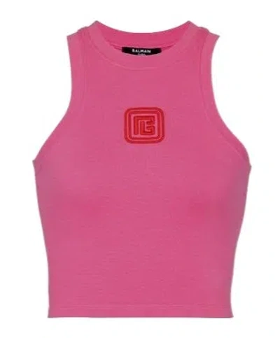 Balmain Cropped Tank Top With Retro Pb Embroidery In Pink