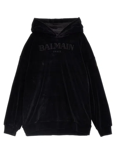 Balmain Logo Embroidery Hoodie In Black