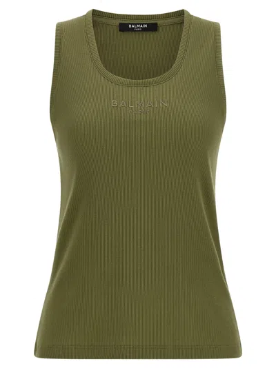 Balmain Tank Top Logo Embroidery Scoop Neck In Green