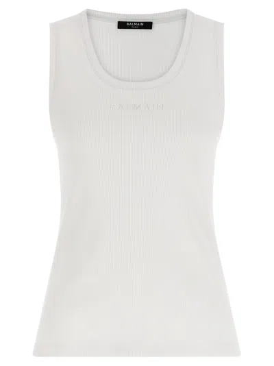 Balmain Logo Embroidery Ribbed Scoop Neck Tank In White