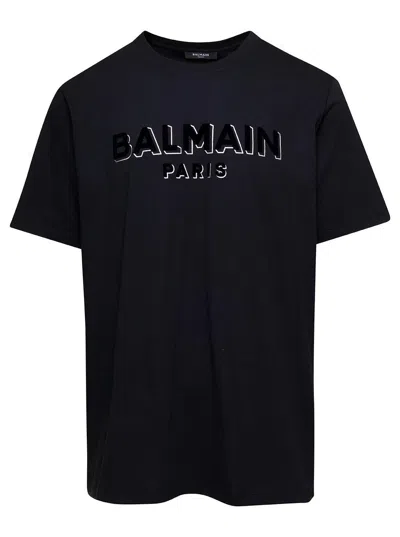 Balmain Stylish Noir/argent Flock & Foil T-shirt For Men In Silver