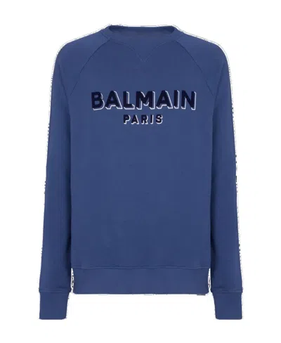 Balmain Logo-flocked Cotton Sweatshirt In Blue