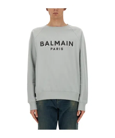 Balmain Regular Fit Flocked Logo Sweatshirt In Grey