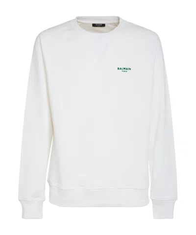 Balmain Logo-flocked Cotton Sweatshirt In White