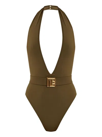 Balmain Logo Halterneck Swimsuit In Green