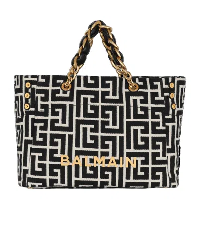 Balmain 1945 Soft Pb-monogrammed Jacquard Canvas Tote Bag In Black