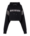 Balmain Cropped Hoodie With Rhinestone-studded Logo And Crystal Cupchains In Black