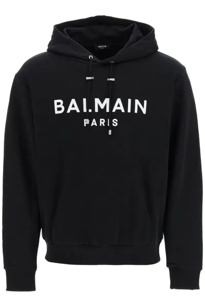 Balmain Logo印花棉质平纹针织连帽卫衣 In Black