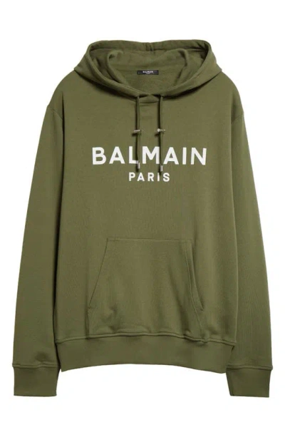 Balmain Logo Hoodie In Uio Kaki/ White