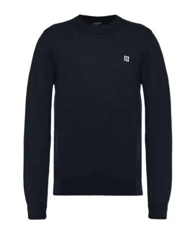 Balmain Logo Intarsia Crewneck Jumper In Blue