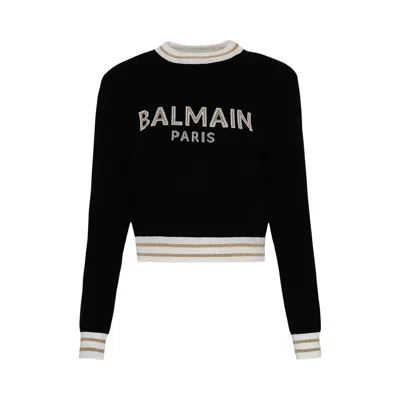 Pre-owned Balmain Logo Intarsia Knitted Cropped Jumper 'black/natural/gold' | Women's Size 36