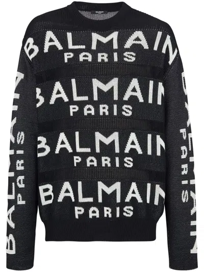 Balmain Black Long Sleeve Sweater With Intarsia Logo In Cotton Blend
