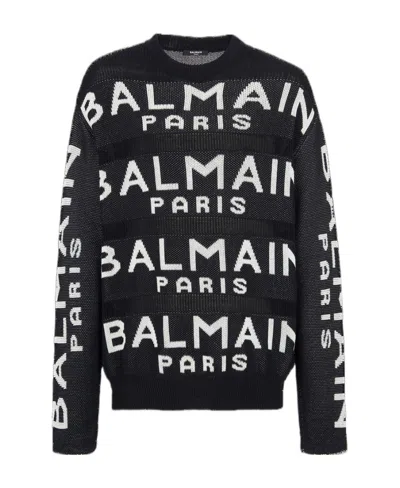 Balmain Logo-intarsia Knitted Jumper In Black