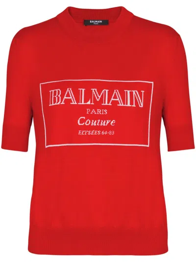 Balmain Logo-intarsia T-shirt In Red