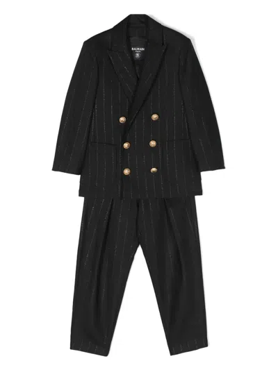 Balmain Kids' Logo-jacquard Double-breasted Suit In Black