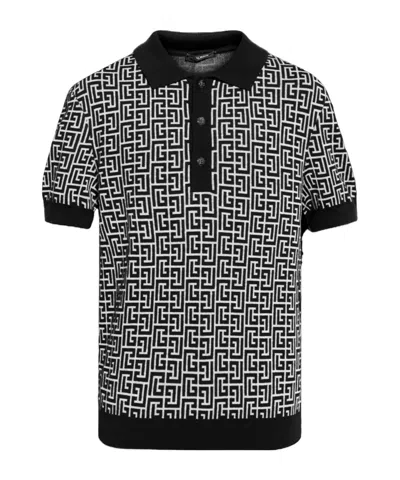 BALMAIN LOGO-JACQUARD FINE-KNIT POLO SHIRT