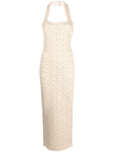 Balmain Logo-jacquard Halterneck Dress In Nude