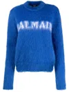 Balmain Logo Jacquard Crewneck Knitted Jumper In Blue