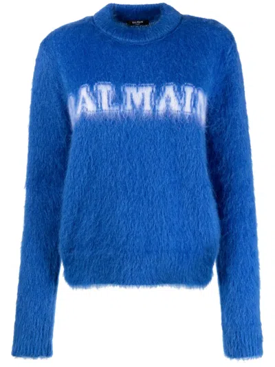 Balmain Logo Jacquard Crewneck Knitted Jumper In Blue