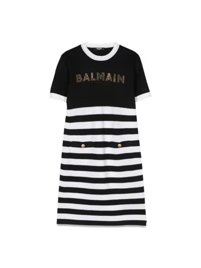 Balmain Kids' Logo Knit Dress And Stripes In Multicolour