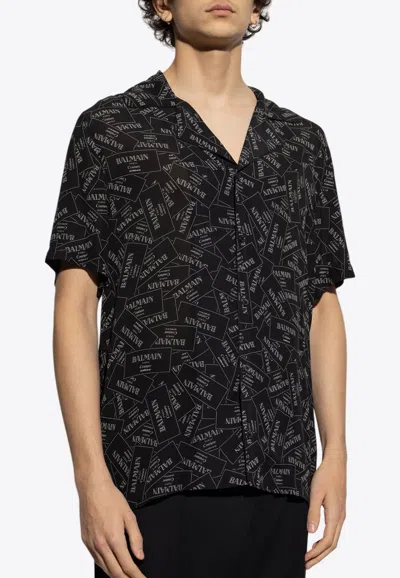 BALMAIN LOGO LABEL PRINT BOWLING SHIRT