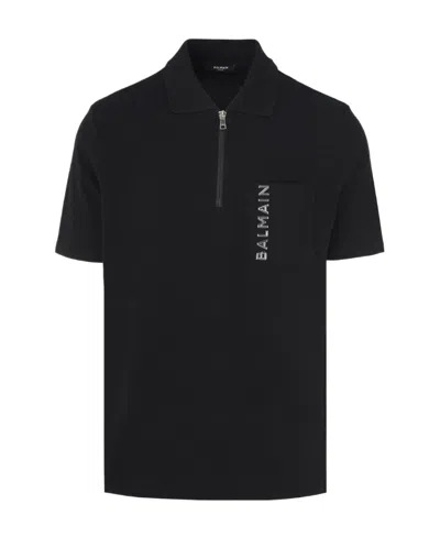 Balmain Laminato Logo-lettering Polo Shirt In Black