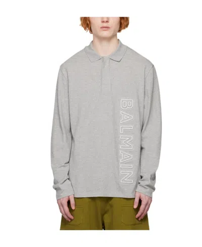 Balmain Logo Long-sleeved Polo Shirt In Gray