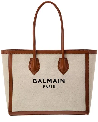 Balmain Logo Medium Leather & Canvas Tote In Beige