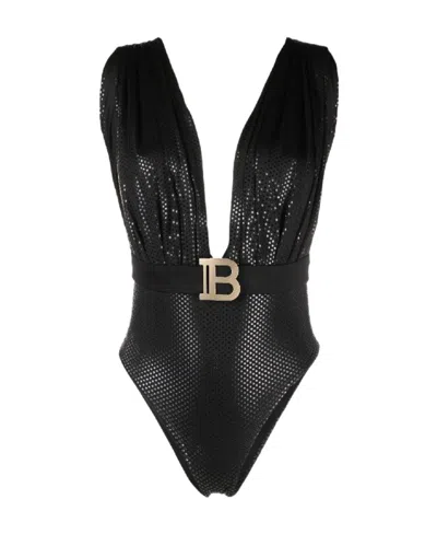 Balmain Logo One-piece Swimsuit In Black