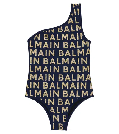 Balmain Kids' Logo-print Off-shoulder Swimsuit In White