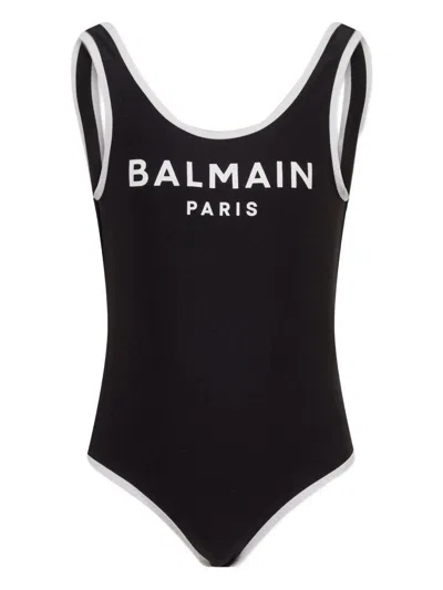 Balmain Kids Logo Printed Swimsuit In Black