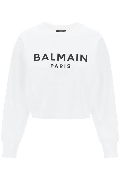 Balmain Cropped Sweatshirt With Flocked Logo In White