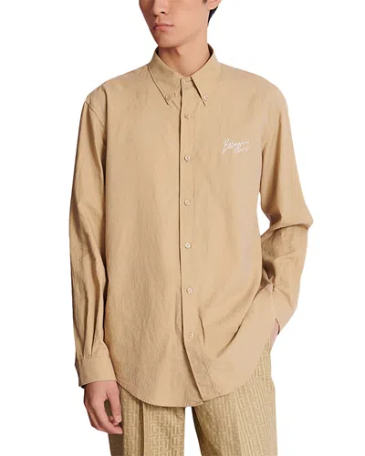 Balmain Logo Oxford Button Shirt In Brown