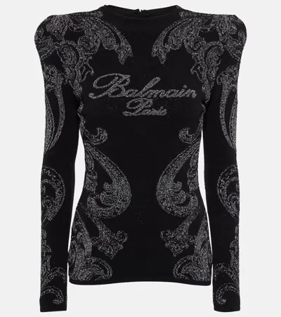 Balmain Logo Paisley Cotton-blend Jersey Top In Black