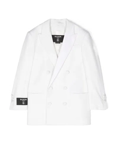 Balmain Kids' Logo-patch Double-breasted Blazer In White