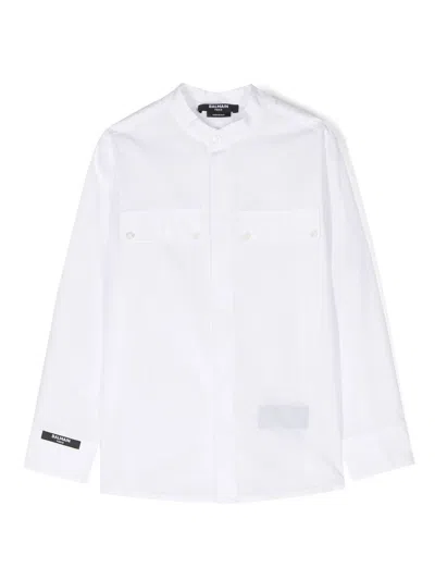 Balmain Kids' Logo-patch Long-sleeve Shirt In White