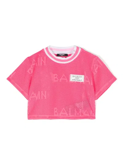 Balmain Kids' Logo-patch Mesh T-shirt In Pink