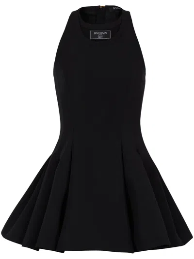 Balmain Flared Pleated Grain De Poudre Dress In Black