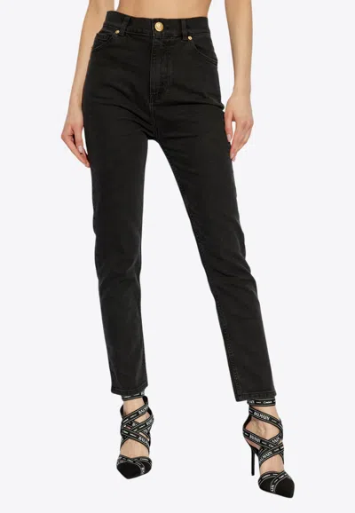 Balmain Logo Patch Tapered-leg Jeans In Black