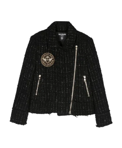 Balmain Logo-patch Tweed Jacket In Black