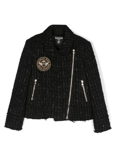 Balmain Kids' Logo-patch Tweed Jacket In Black