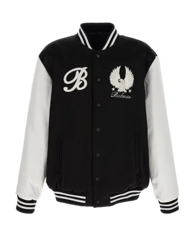 BALMAIN BALMAIN EMBROIDERED BADGES SATINED VARSITY BOMBER JACKET