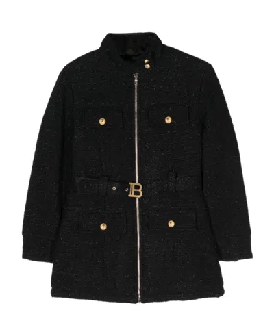 Balmain Logo-plaque Glitter Belted Jacket In Black