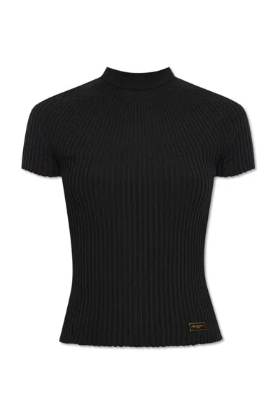 Balmain Logo-plaque Ribbed Knit Top In Black