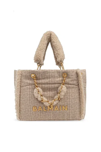 Balmain Logo Plaque Top Handle Bag In Beige