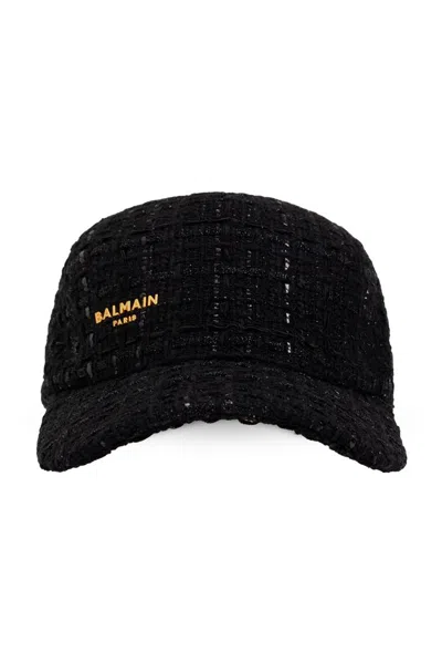 Balmain Logo Plaque Tweed Cap In Black