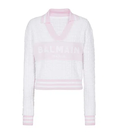 Balmain Pb Monogram-jacquard Polo Shirt In White