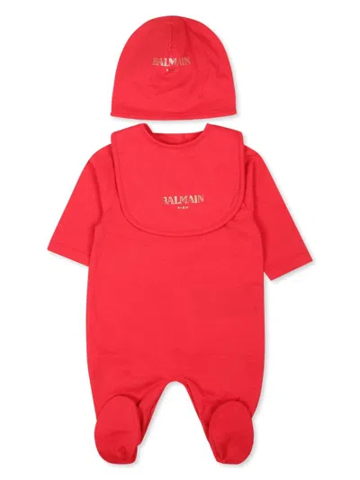 Balmain Logo-print Babygrow Set In Red