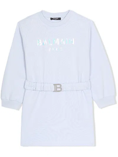 Balmain Kids' Logo-print Belted Dress In Azzurro