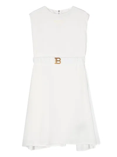 Balmain Kids' Logo-print Belted Dress In White